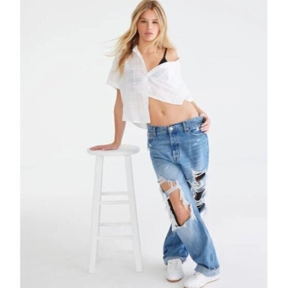 Aeropostale NWT White Textured Stripe Boyfriend Button Down Shirt Size XS